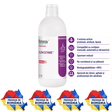 Detergent tri-enzimatic pentru instrumentar medical Klinozyme Klintensiv Professional, concentrat, cu protează, amilază și lipază, pH neutru, pentru curățare manuală, ultrasonică și automată, 1 L, 4x Stickere