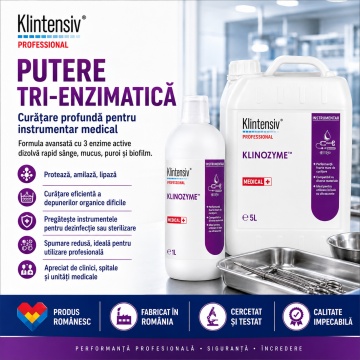 Detergent tri-enzimatic pentru instrumentar medical Klinozyme Klintensiv Professional, concentrat, cu protează, amilază și lipază, pH neutru, pentru curățare manuală, ultrasonică și automată, 1 L, 4x Stickere - Img 3