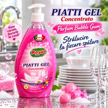 Detergent Vase Profesional Concentrat Royal Hygiene Piatti Gel Concentrato Bubble Gum, cu Bicarbonat și Mușețel, Formulă Eco Italiană, Fabricat în România, 800 ml - Img 4