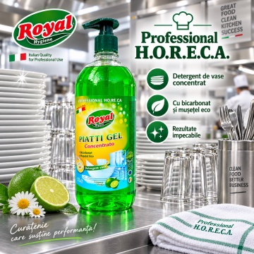 Detergent Vase Profesional Concentrat Royal Hygiene Piatti Gel Concentrato Lămâie Verde, Concentrat HoReCa, cu Bicarbonat și Mușețel, Formulă Eco Italiană, Fabricat în România, 1 L - Img 4