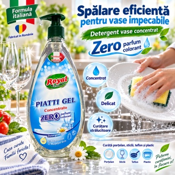 Detergent Vase Profesional Concentrat Royal Hygiene Piatti Zero, Fără Parfum și Coloranți, cu Bicarbonat și Mușețel, Formulă Eco Italiană, Fabricat în România, 800 ml - Img 4