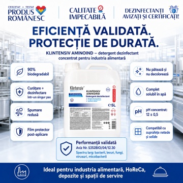 Dezinfectant detergent concentrat Klintensiv Aminoind, pentru HoReCa, producție alimentară, depozite și echipamente, TP4, biodegradabil 90%, canistră 5 L, 4x Stickere - Img 4