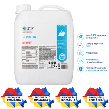 Dezinfectant profesional de nivel înalt Peroklin Klintensiv, peste 99% biodegradabil, pentru spitale, clinici, laboratoare, ambulanțe, suprafețe și instrumentar medical, canistră 5 L, 4x Stickere
