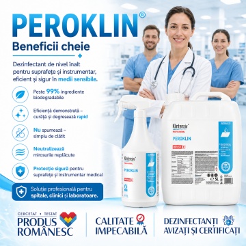 Dezinfectant profesional de nivel înalt Peroklin Klintensiv, peste 99% biodegradabil, pentru spitale, clinici, laboratoare, ambulanțe, suprafețe și instrumentar medical, canistră 5 L, 4x Stickere - Img 3