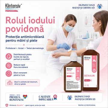 Dezinfectant profesional mâini și piele Betaklin Klintensiv, iod povidonă 7,5%, pentru spitale, clinici, cabinete medicale, saloane și reumplere dozatoare, aviz biocid, 1 L, 4x Stickere - Img 3