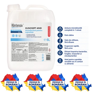 Dezinfectant profesional suprafețe Klinosept 4Ind, alcool 85% etanol, pentru industria alimentară, HoReCa, depozite frigorifice și procesare alimente, fără clătire, canistră 5 L, 4x Stickere