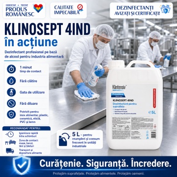 Dezinfectant profesional suprafețe Klinosept 4Ind, alcool 85% etanol, pentru industria alimentară, HoReCa, depozite frigorifice și procesare alimente, fără clătire, canistră 5 L, 4x Stickere - Img 3