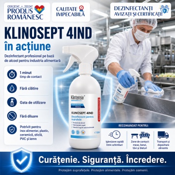 Dezinfectant suprafețe industria alimentară Klinosept 4Ind, pe bază de alcool, 85% etanol, fără clătire, acțiune microbiocidă în 1 minut, HoReCa și procesare alimente, 500 ml, 4x Stickere - Img 3