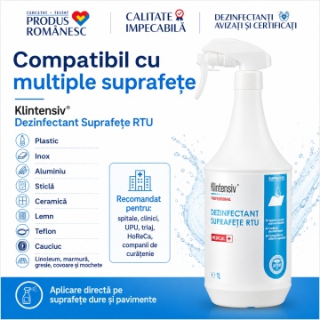Dezinfectant Suprafețe Klintensiv RTU, soluție profesională gata de utilizare, pentru suprafețe dure, pavimente, spitale, clinici, HoReCa și firme de curățenie, 1 L, 4x Stickere - Img 3