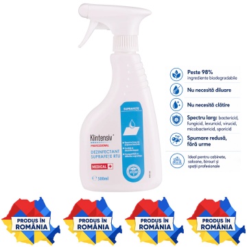 Dezinfectant suprafețe profesionale RTU Klintensiv, gata de utilizare, bactericid, fungicid, levuricid, virucid, micobactericid și sporicid, fără clătire, aviz biocid, 500 ml, 4x Stickere