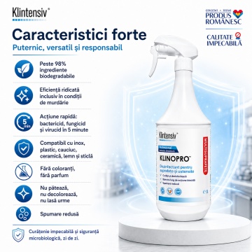 Dezinfectant suprafețe și pavimente Klinopro, soluție profesională pentru industria alimentară, bactericid, fungicid și virucid în 5 minute, peste 98% ingrediente biodegradabile, 1 L, 4x Stickere - Img 3