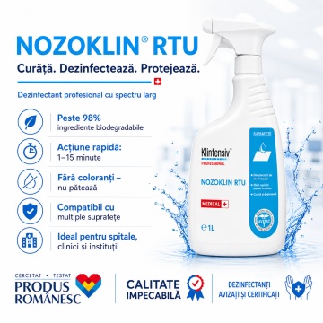 Dezinfectant suprafețe și pavimente Nozoklin RTU Klintensiv, profesional, pentru spitale, clinici, cabinete stomatologice, instituții și spații cu trafic intens, aviz biocid, canistră 5 L, 4x Stickere - Img 3