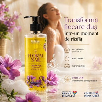 Gel de duș Klintensiv Floral Sail, aromă florală proaspătă, spumă fină, efect emolient și protector, cu D-Panthenol, Zinc PCA și glicerină, peste 94% ingrediente biodegradabile, 400 ml, 4x Stickere - Img 4