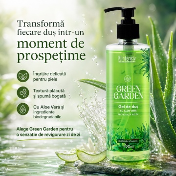 Gel de duș Klintensiv Green Garden, aromă verde proaspătă, cu Aloe Vera, D-Panthenol și Zinc PCA, spumă fină, efect emolient și protector, peste 94% ingrediente biodegradabile, 400 ml, 4x Stickere - Img 4