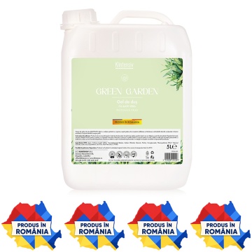 Gel de duș Klintensiv Green Garden, formulă profesională cu Aloe Vera, D-Panthenol și Zinc PCA, aromă fresh, peste 94% ingrediente biodegradabile, ideal pentru hoteluri, pensiuni, firme și spații publice, 5 L, 4x Stickere