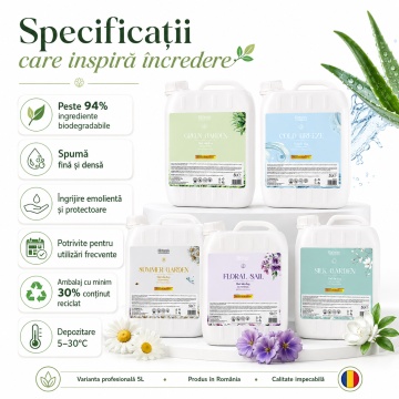 Gel de duș Klintensiv Silk Garden, formulă profesională cu parfum elegant, efect emolient și protector, peste 94% ingrediente biodegradabile, ideal pentru hoteluri, pensiuni, firme, spații publice și reumplere, bidon 5 L, 4x Stickere - Img 4