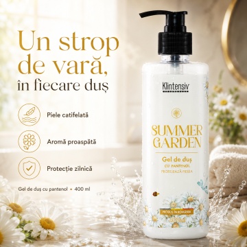 Gel de duș Klintensiv Summer Garden, aromă proaspătă de vară, spumă fină, efect emolient și protector, cu D-Panthenol, Zinc PCA și glicerină, peste 94% ingrediente biodegradabile, 400 ml, 4x Stickere - Img 4