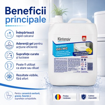 Gel detartrant WC și suprafețe ceramice Klintensiv, anticalcar profesional, textură gel, aderență pe suprafețe verticale, pentru baie, gresie, faianță, ceramică, cabine duș și inox rezistent, 5 L, 4x Stickere - Img 4