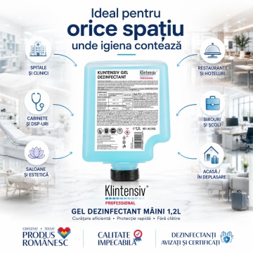 Gel dezinfectant mâini Klintensiv, cartuș 1,2 L, 85% etanol, dezinfectare igienică și chirurgicală, bactericid, fungicid, levuricid, virucid, testat dermatologic, 4x Stickere - Img 4