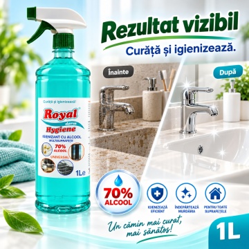 Igienizant Universal cu Alcool 70% Royal Hygiene Soluție Multisuprafețe pentru Curățare și Igienizare, Utilizare Casnică și Profesională, 1 L - Img 4