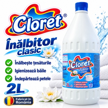 Înălbitor Clasic Cloret, pentru Rufe Albe și Igienizarea Băii, Îndepărtează Petele și Murdăria, Curățare Intensivă, 2 L