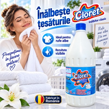 Înălbitor Clasic Cloret, pentru Rufe Albe și Igienizarea Băii, Îndepărtează Petele și Murdăria, Curățare Intensivă, 2 L - Img 4
