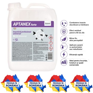 Insecticid profesional APTANEX, concentrat pentru combaterea insectelor zburătoare și târâtoare, cu Cipermetrin 10% și Butoxid de piperonil 5%, canistră 5 L, 4x Stickere