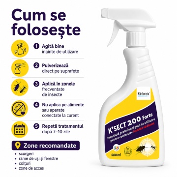 Insecticid spray K-Sect 200 Forte, pentru insecte târâtoare, gândaci, furnici, purici, căpușe și alte artropode, gata de utilizare, cu Cipermetrin, Piperonil butoxid și Tetrametrin, 500 ml, 4x Stickere - Img 5