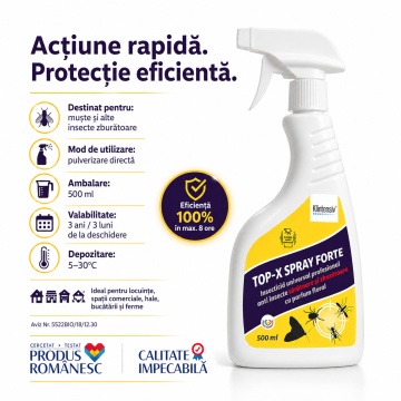Insecticid spray TOP-X-SPRAY FORTE, pentru combaterea muștelor și insectelor zburătoare, gata de utilizare, acțiune prin contact, eficacitate 100% în maxim 8 ore, 500 ml, 4x Stickere - Img 5