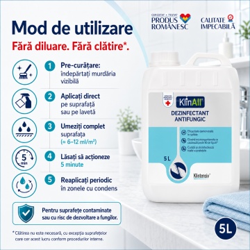 KlinAll Dezinfectant Antimucegai Klintensiv, soluție profesională PT2 pentru suprafețe contaminate, bactericidă, fungicidă, virucidă și sporicidă, canistră, 5 L, 4x Stickere - Img 5