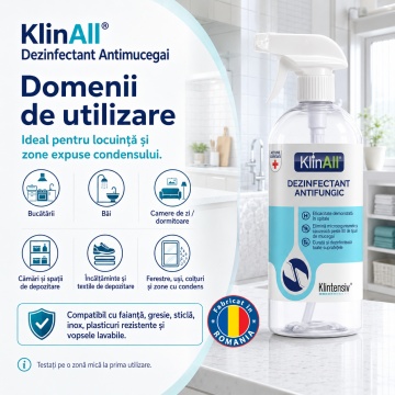 KlinAll Dezinfectant Antimucegai Klintensiv, soluție profesională PT2, bactericidă, fungicidă, levuricidă și virucidă în 5 minute, pentru baie, bucătărie, faianță, gresie, sticlă, inox și plastic, 500 ml, 4x Stickere - Img 4