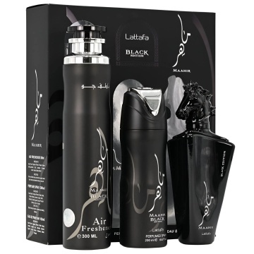 Lattafa Set cadou Maahir Black Spray + Spray + Air Freshener – Apă de parfum 100 ml + 200 ml, bărbați - Img 5