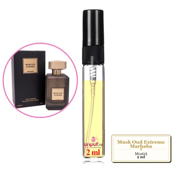 Mostra fiola din Musk Oud Extreme Marhaba, decant sticla cu pulverizator