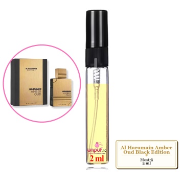 Mostra fiola din Parfumul Al Haramain Amber Oud Black Edition, decant sticla cu pulverizator