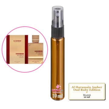 Mostra fiola din Parfumul Al Haramain Amber Oud Ruby Edition, decant sticla cu pulverizator