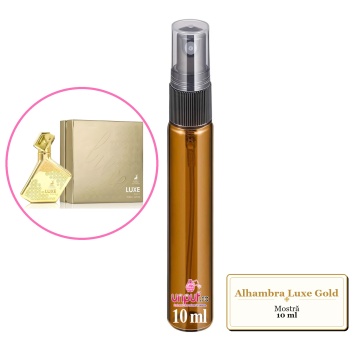Mostra fiola din Parfumul Alhambra Luxe Gold, decant sticla cu pulverizator