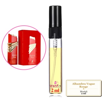 Mostra fiola din Parfumul Alhambra Vogue Rouge, decant sticla cu pulverizator