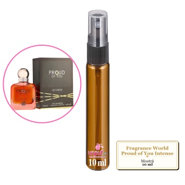 Mostra fiola din Parfumul Fragrance World Proud of You Intense, decant sticla cu pulverizator
