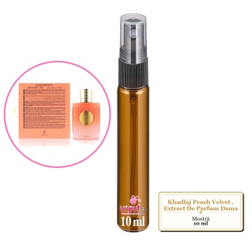 Mostra fiola din Parfumul Khadlaj Peach Velvet, Extract De Parfum Dama, decant sticla cu pulverizator