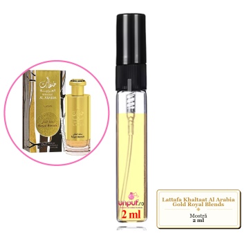 Mostra fiola din Parfumul Lattafa Khaltaat Al Arabia Gold Royal Blends, decant sticla cu pulverizator
