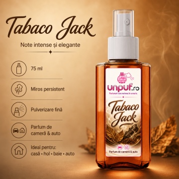 Odorizant auto si casa Unpuf Tabaco Jack, cu pulverizator, aroma intensa si eleganta cu note de tutun, improspatare aer si parfum de durata, 75 ml
