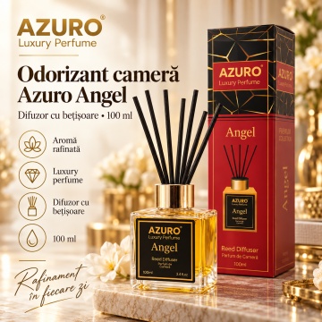 Odorizant Cameră Azuro Angel Luxury Perfume, Difuzor cu Bețișoare, Aromă Lemnoasă, Parfum Ambiental Elegant, 100 ml