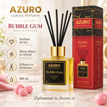 Odorizant Cameră Azuro Bubble Gum Luxury Perfume, Difuzor cu Bețișoare, Parfum Dulce și Original, 100 ml