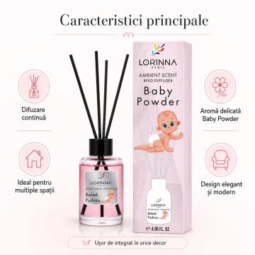 Odorizant de camera cu betisoare Lorinna Paris Ambient Scent Reed Diffuser, Baby Powder, aroma delicata si pudrata, pentru living, dormitor, baie si hol, 50 ml - Img 5