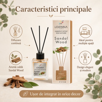 Odorizant de camera cu betisoare Lorinna Paris Ambient Scent Reed Diffuser, Sandal Wood, aroma calda si lemnoasa, pentru living, dormitor, hotel si birou, 50 ml - Img 5
