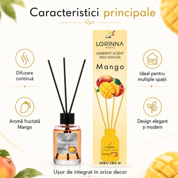 Odorizant de camera cu betisoare Lorinna Paris Ambient Scent Reed Diffuser, Mango, aroma fructata si tropicala, pentru living, dormitor, baie si hol, 120 ml - Img 5