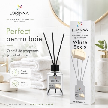 Odorizant de camera cu betisoare Lorinna Paris Ambient Scent Reed Diffuser, White Soap, aroma curata si proaspata, pentru living, dormitor, baie si hol, 120 ml - Img 5