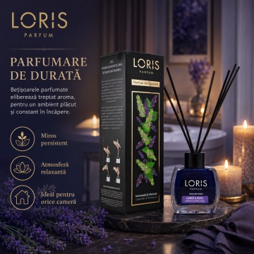 Odorizant de Cameră cu Bețișoare Parfumate Loris Parfum Lavandă și Paciuli, 120 ml, Esență Floral Lemnoasă, Miros Elegant și Persistent - Img 5
