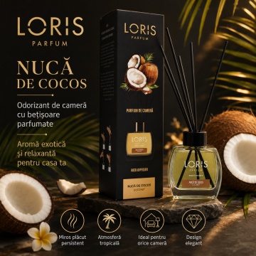 Odorizant de Cameră cu Bețișoare Parfumate Loris Parfum Nucă de Cocos, 120 ml, Esență Exotică de Cocos, Miros Plăcut și Persistent - Img 2