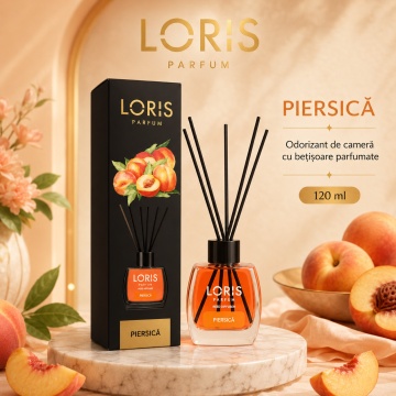 Odorizant de Cameră cu Bețișoare Parfumate Loris Parfum Peach, 120 ml, Esență Piersică, Miros Plăcut și Persistent
